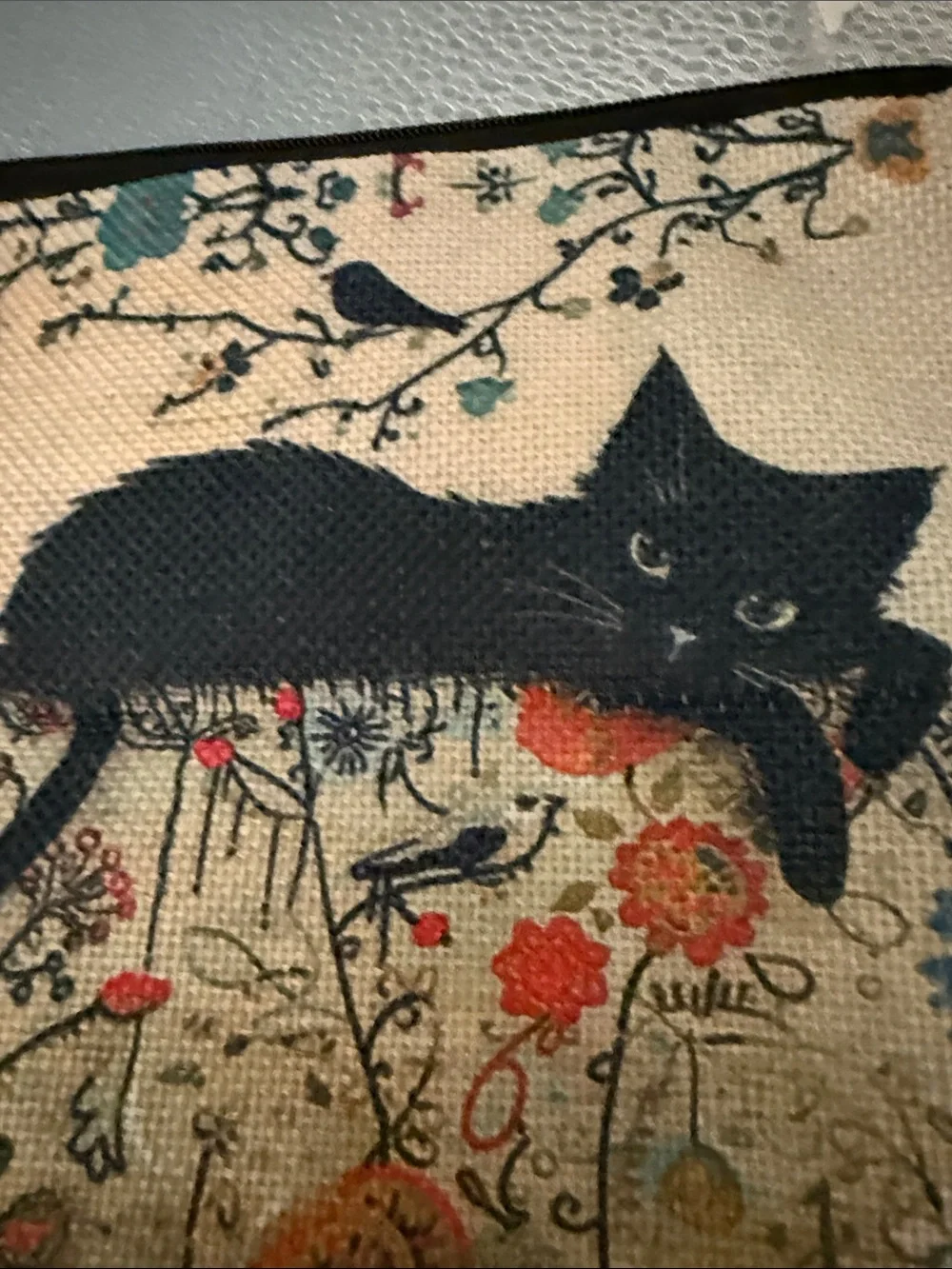 SHEIN Cat-Themed Canvas Make up Pouch - Beige with Black Cat Print